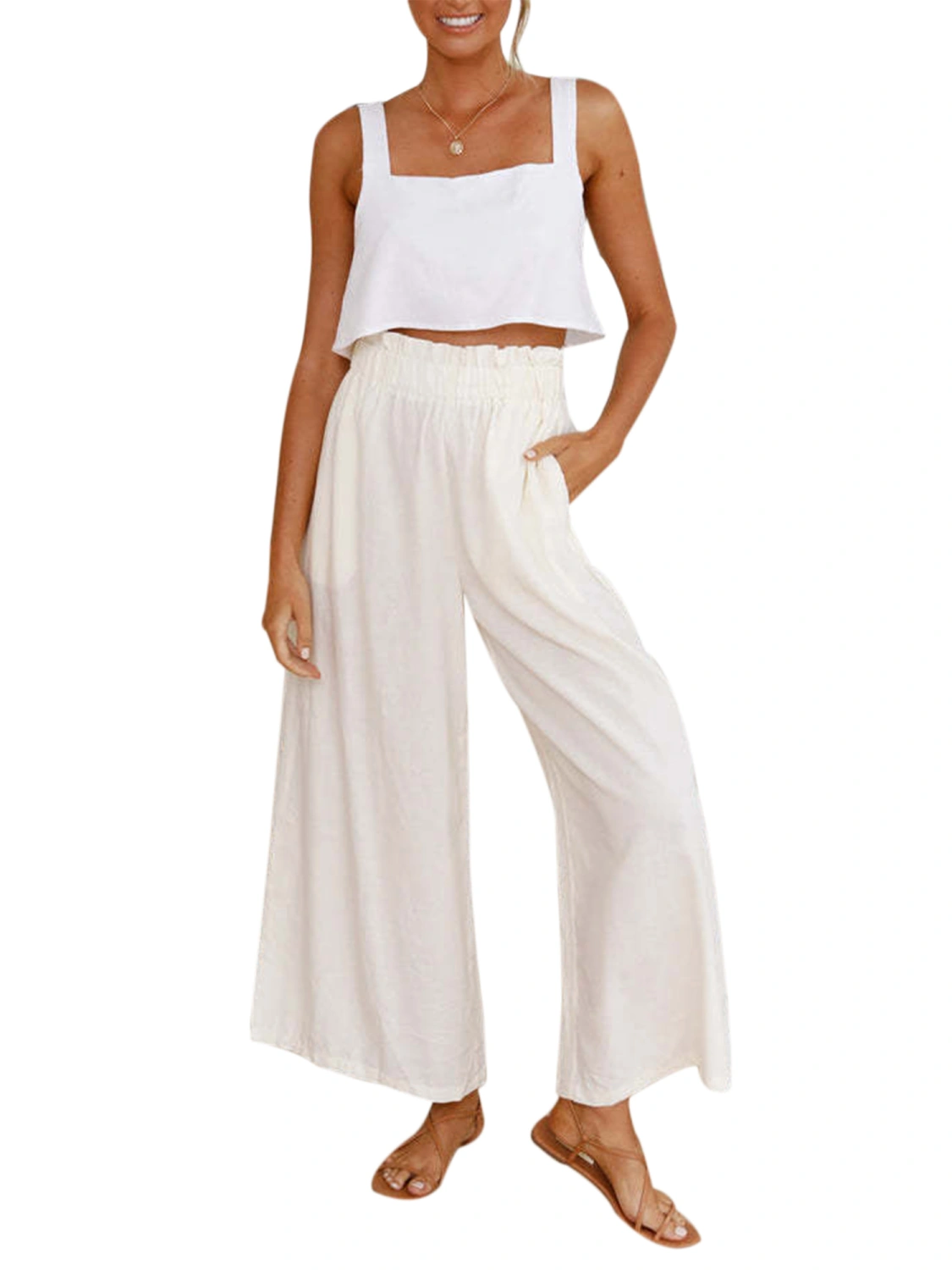 Women Ruffled Wide-leg Pants, High Waist Solid Color Trousers
