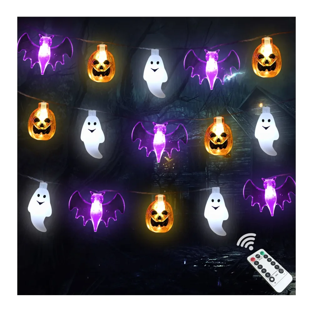 Halloween Lights, 16FT 30 LED 3D Pumpkin Bat Ghost Battery Operated String Lights with Timer - 8 Lighting Modes Fairy Lights for Home Door Window Porch Decor Indoor Outdoor Halloween Party Decorations