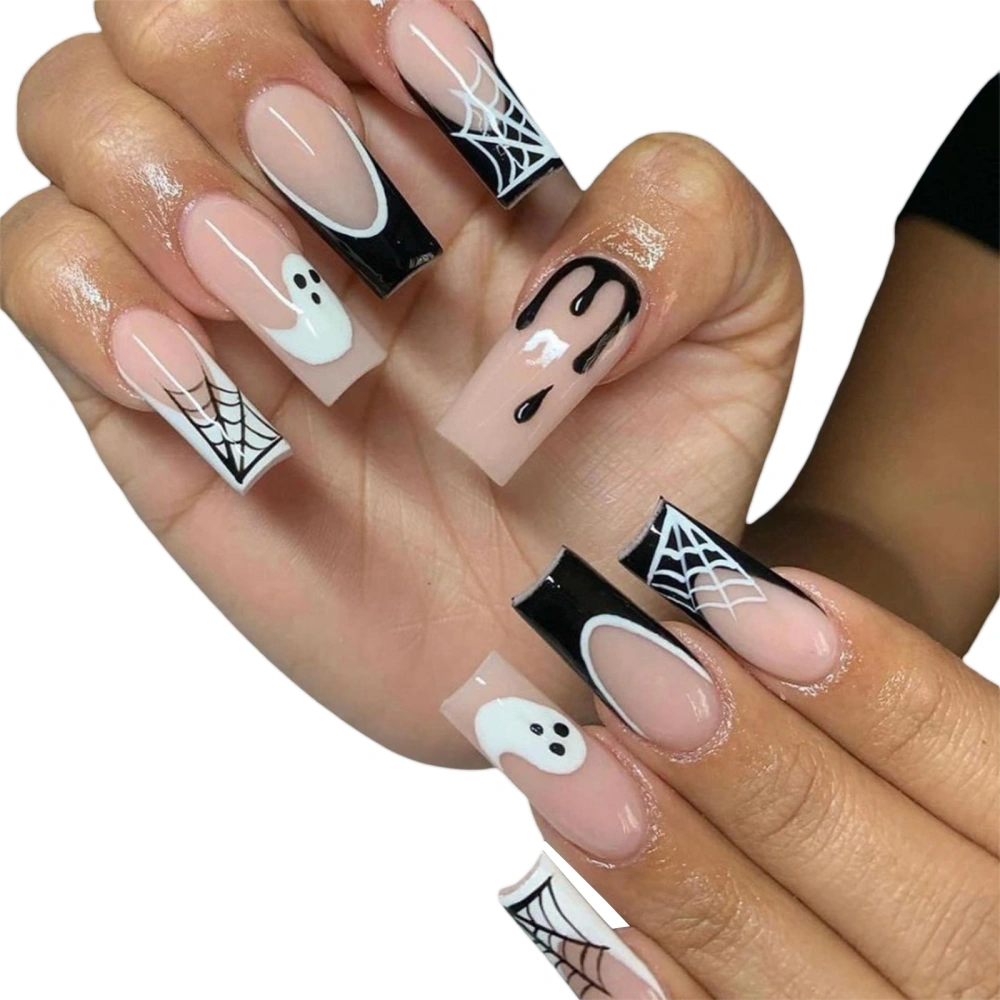 24 Pcs Halloween Press on Nails Spider Web Ghost Print False Nails Art Fingernail Tips for Women