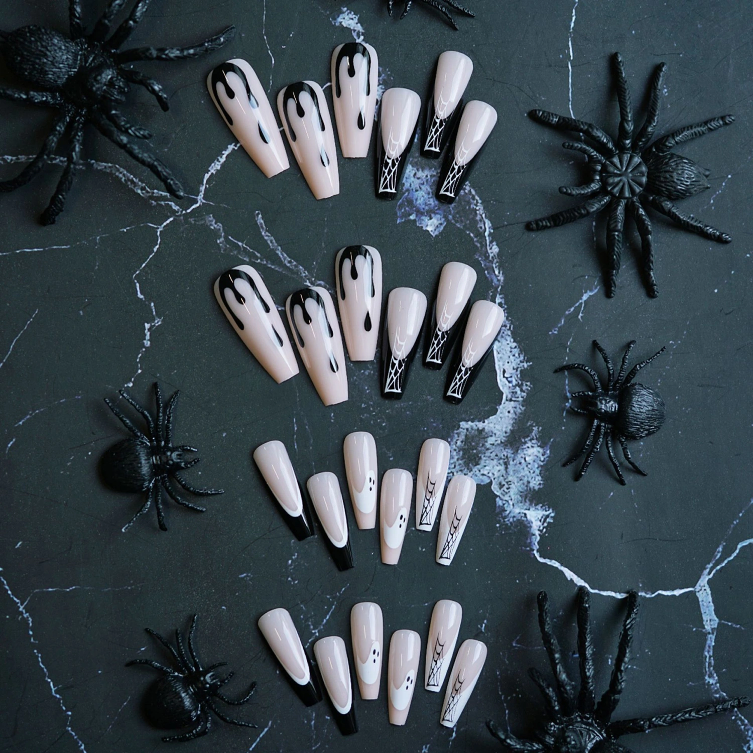 24 Pcs Halloween Press on Nails Spider Web Ghost Print False Nails Art Fingernail Tips for Women