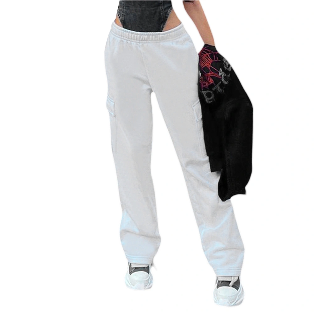 Women Elastic Waist Pants, Solid Color Straight-leg Cargo Trousers