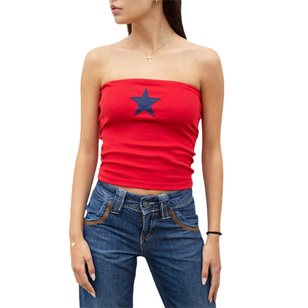 Women Crop Vest Off Shoulder Star Print Strapless Casual Tops 