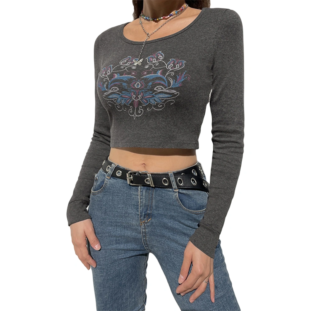 Women's Fashionable Long Sleeve Round Neck Pattern Print Crop Tops