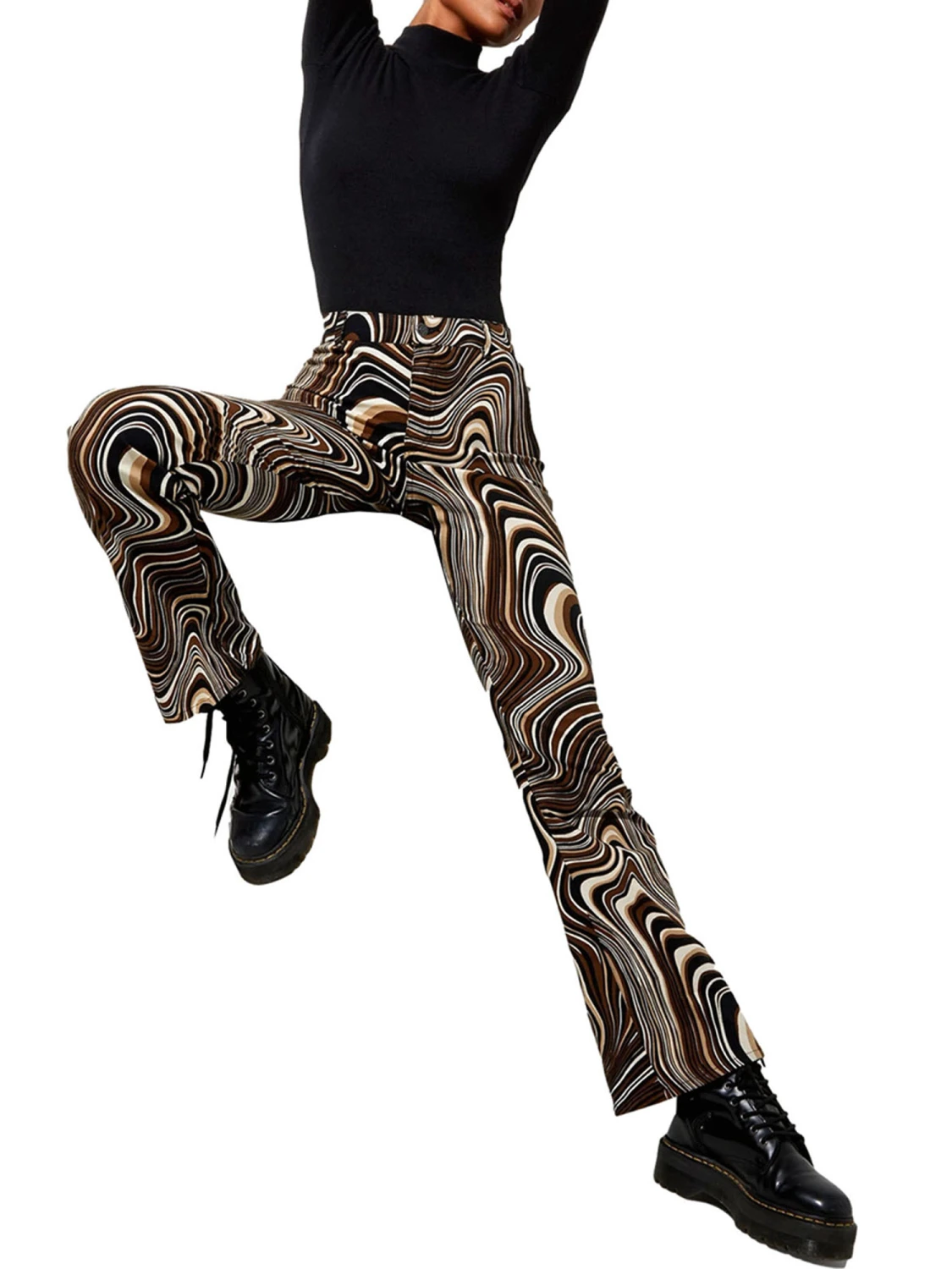 Female Long Pants, Water Ripple Print High Waist Flared Trousers