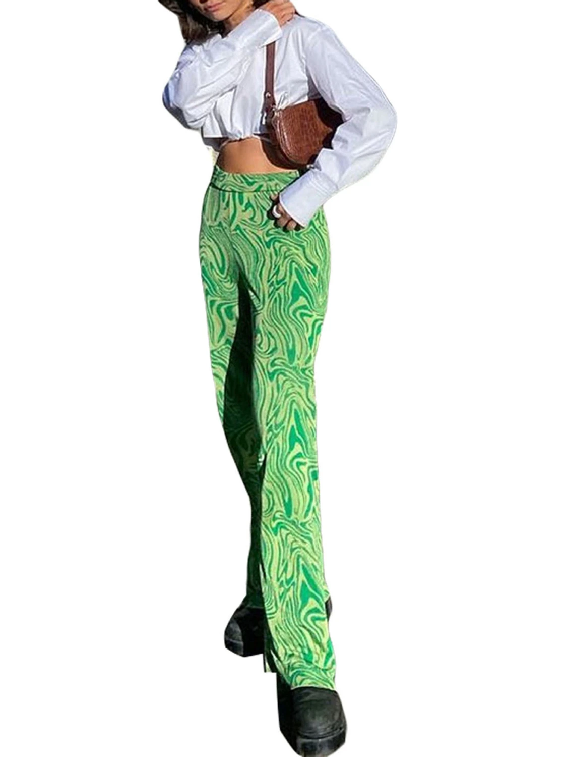 Female Long Pants, Water Ripple Print High Waist Flared Trousers