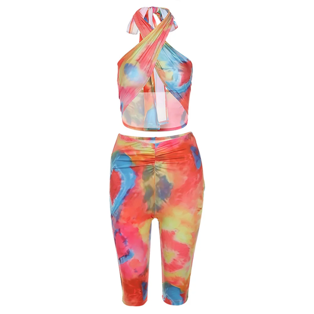 Women Tie-dye Clothes Set, Crossed Cropped Tops+High Waist Shorts