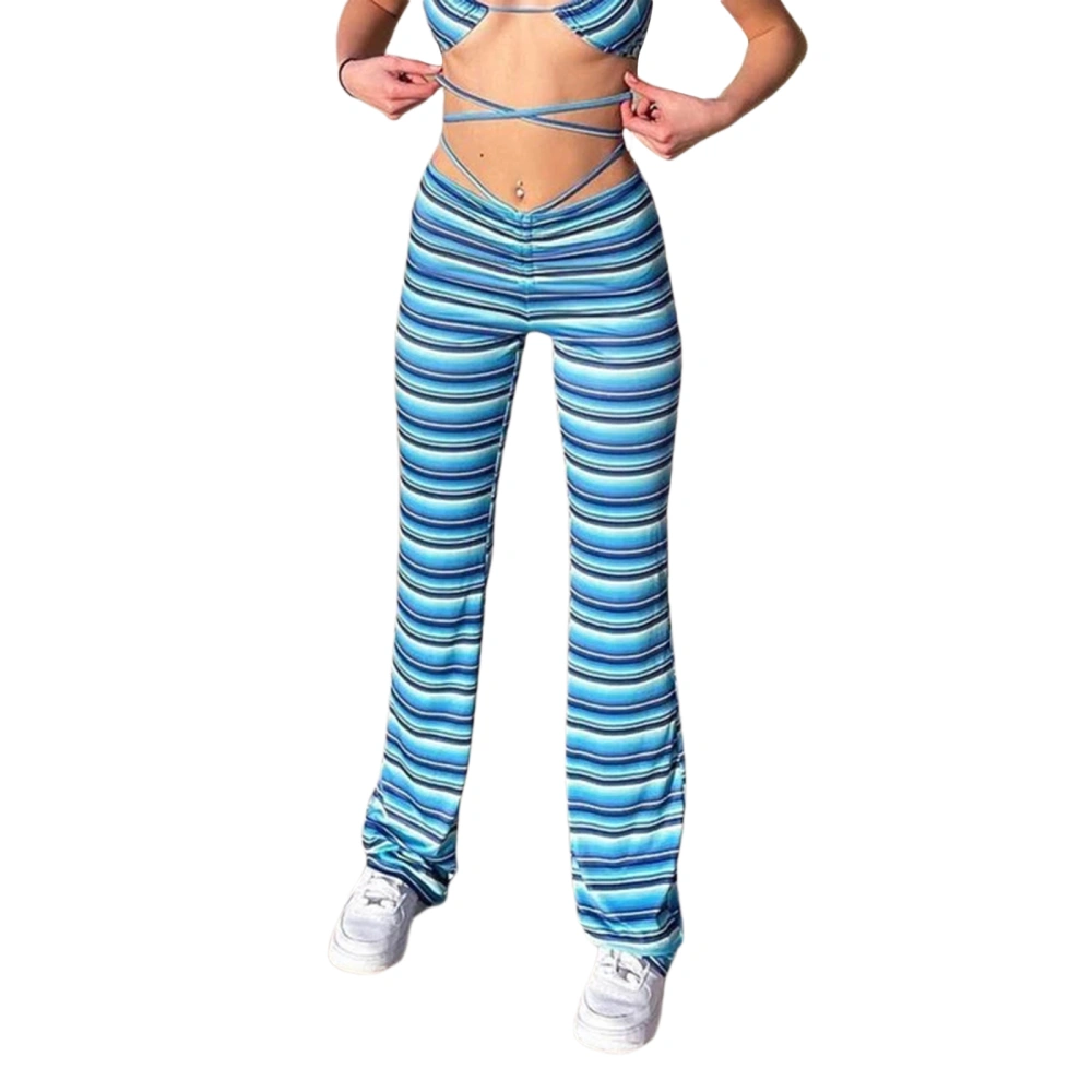 Women Straight Leg Pants, Striped Print High Waist Bandage Pants