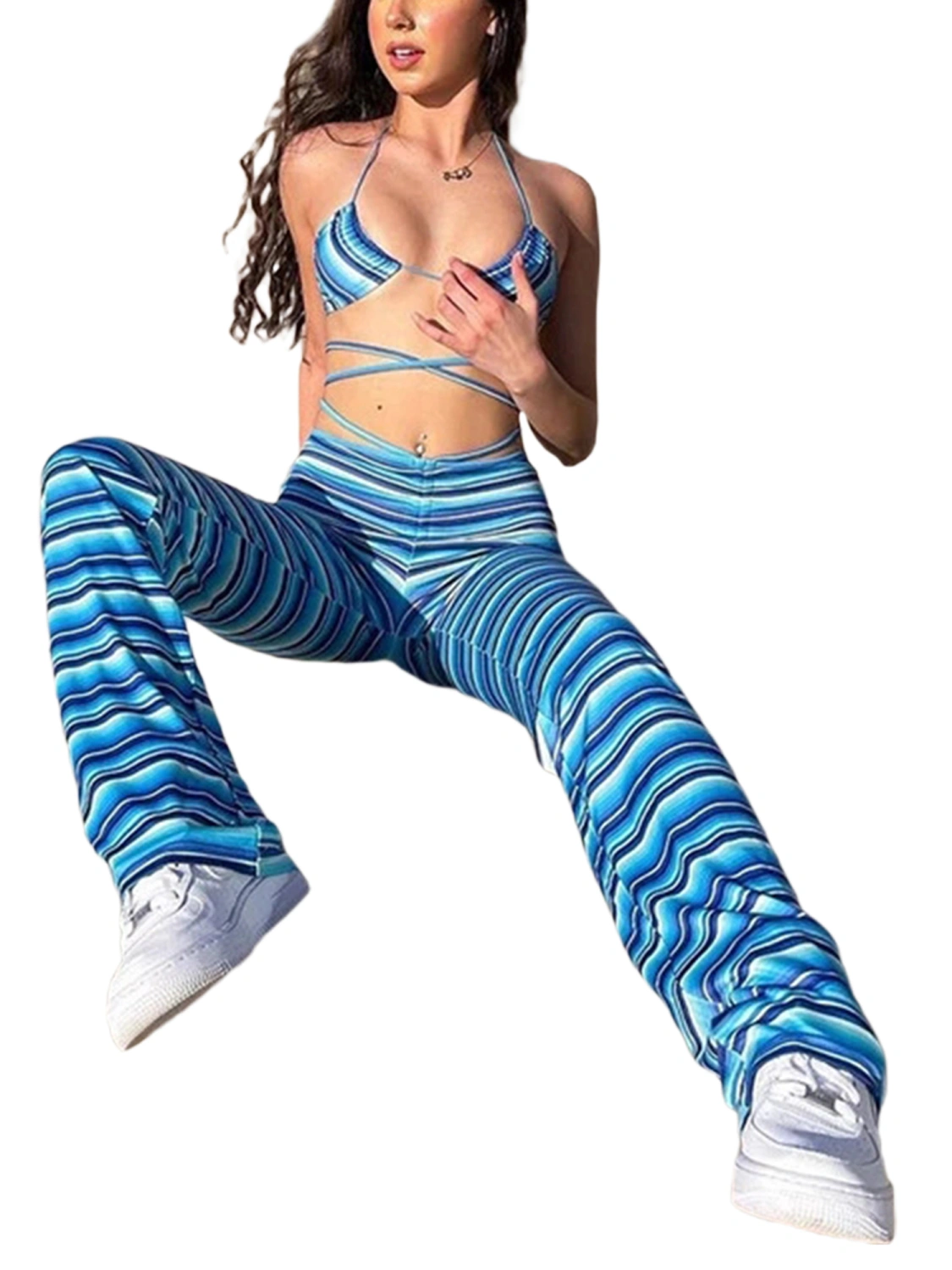 Women Straight Leg Pants, Striped Print High Waist Bandage Pants