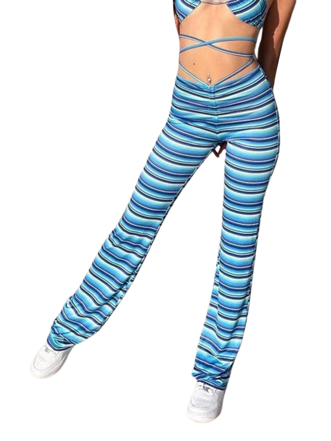 Women Straight Leg Pants, Striped Print High Waist Bandage Pants