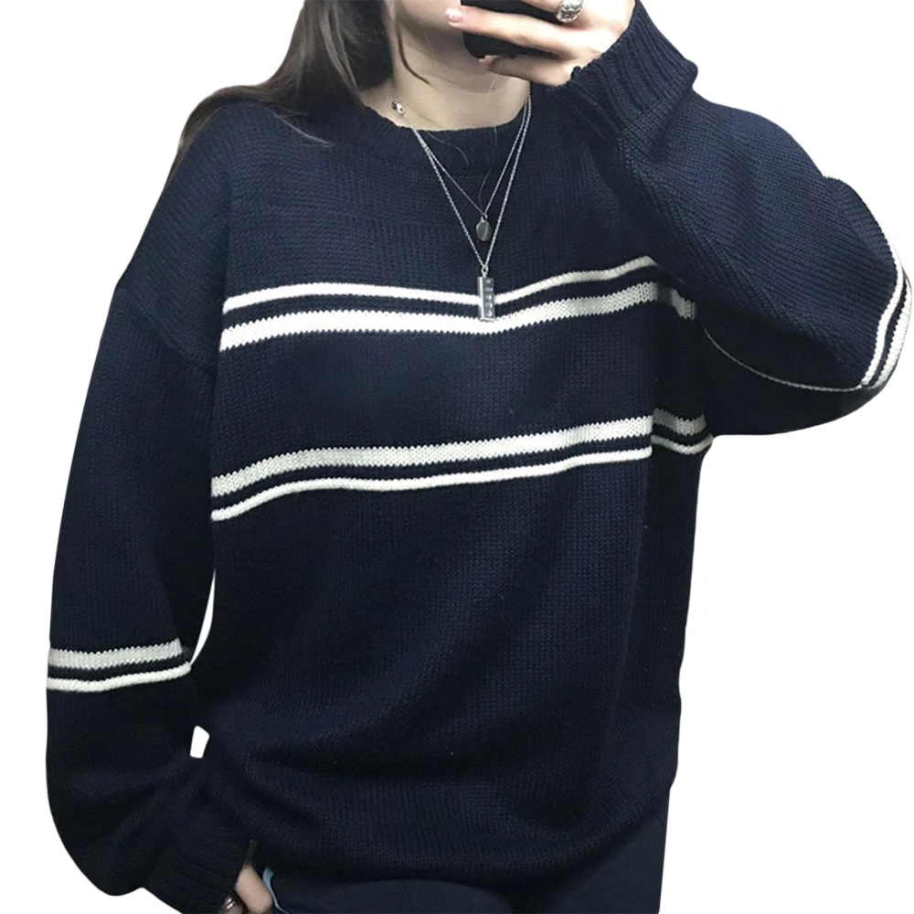 Women's Stripe Print Long Sleeve Round Neck Loose Pullover for Autumn