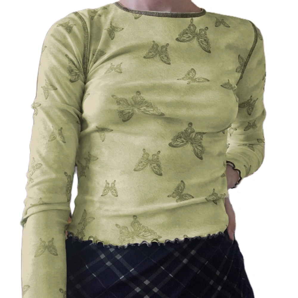 Color Block T-shirt, Butterfly Print Long Sleeve Lettuce Trim Pullover