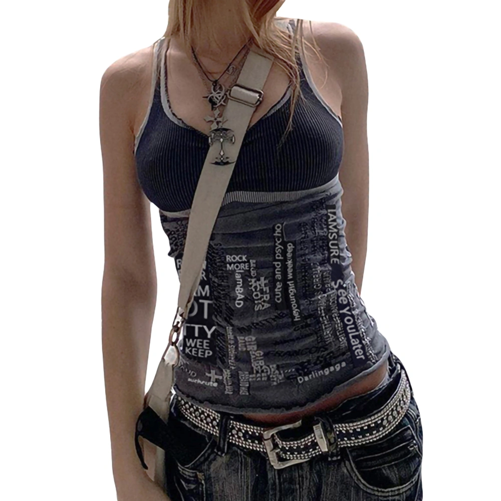 Women Summer Vest, Sling Low-Cut Neck Letter & Patchwork Tank Tops