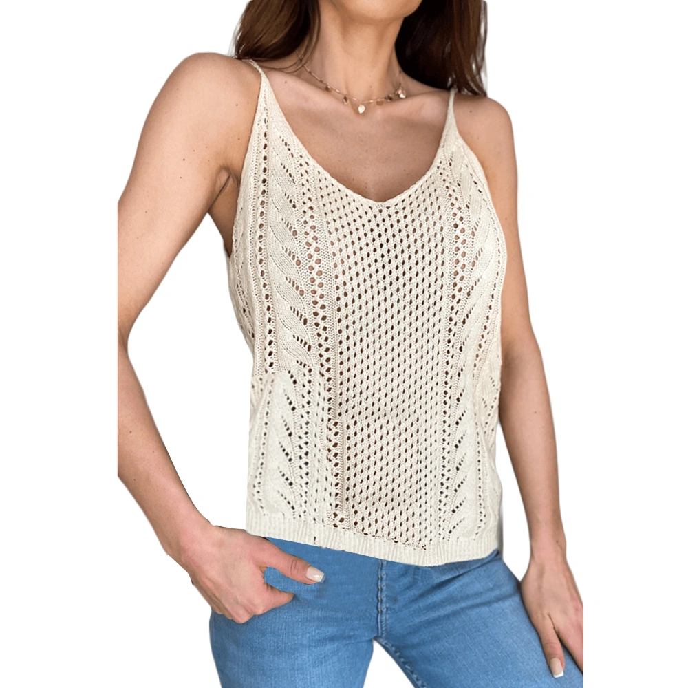 Women Spaghetti Strap Solid Color Hollow Out Crochet Cami Tops