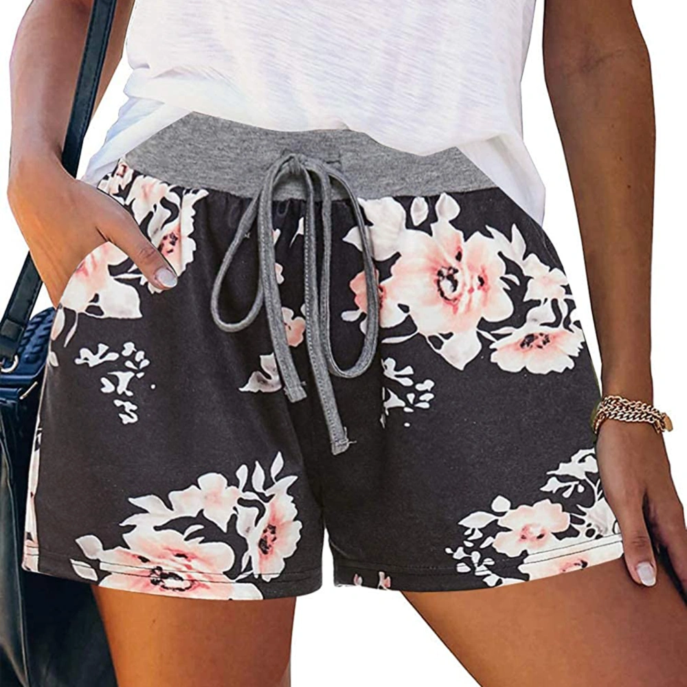 Flower Print High Elastic Waist Shorts with Drawstring and Pocket