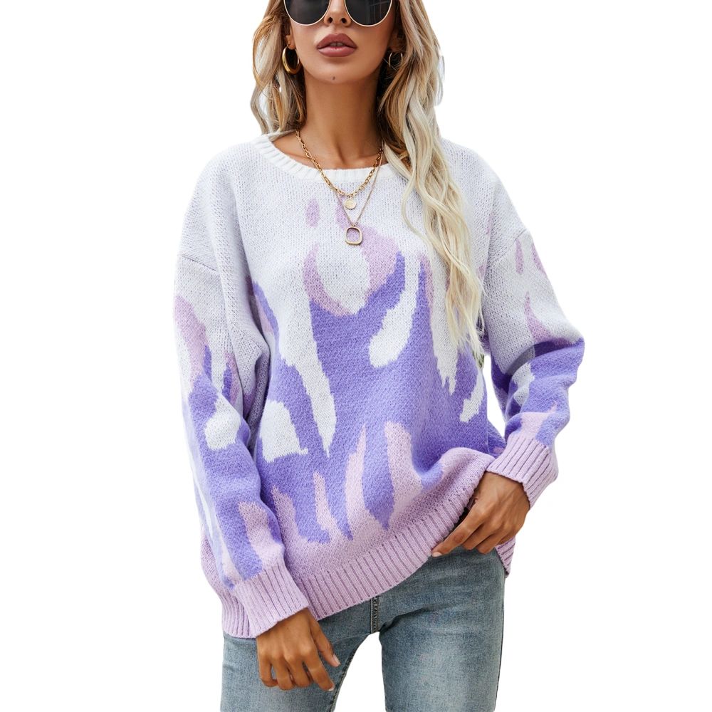 Printed Knit Sweater, Color Block Long Sleeve Round Neck Pullover