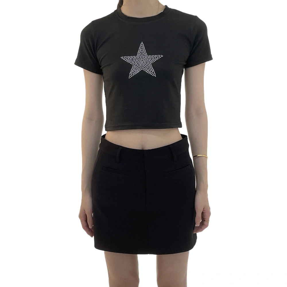 Women's Summer Black Short Sleeve Rhinestone Star Print T-shirt