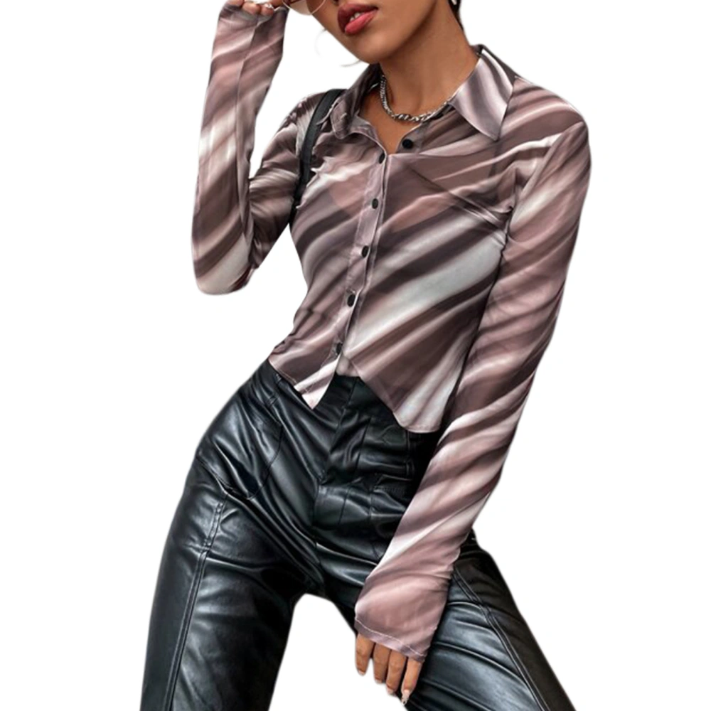 Women’s Button Down Shirts, Long Sleeve Striped Print Sheer Mesh Tops