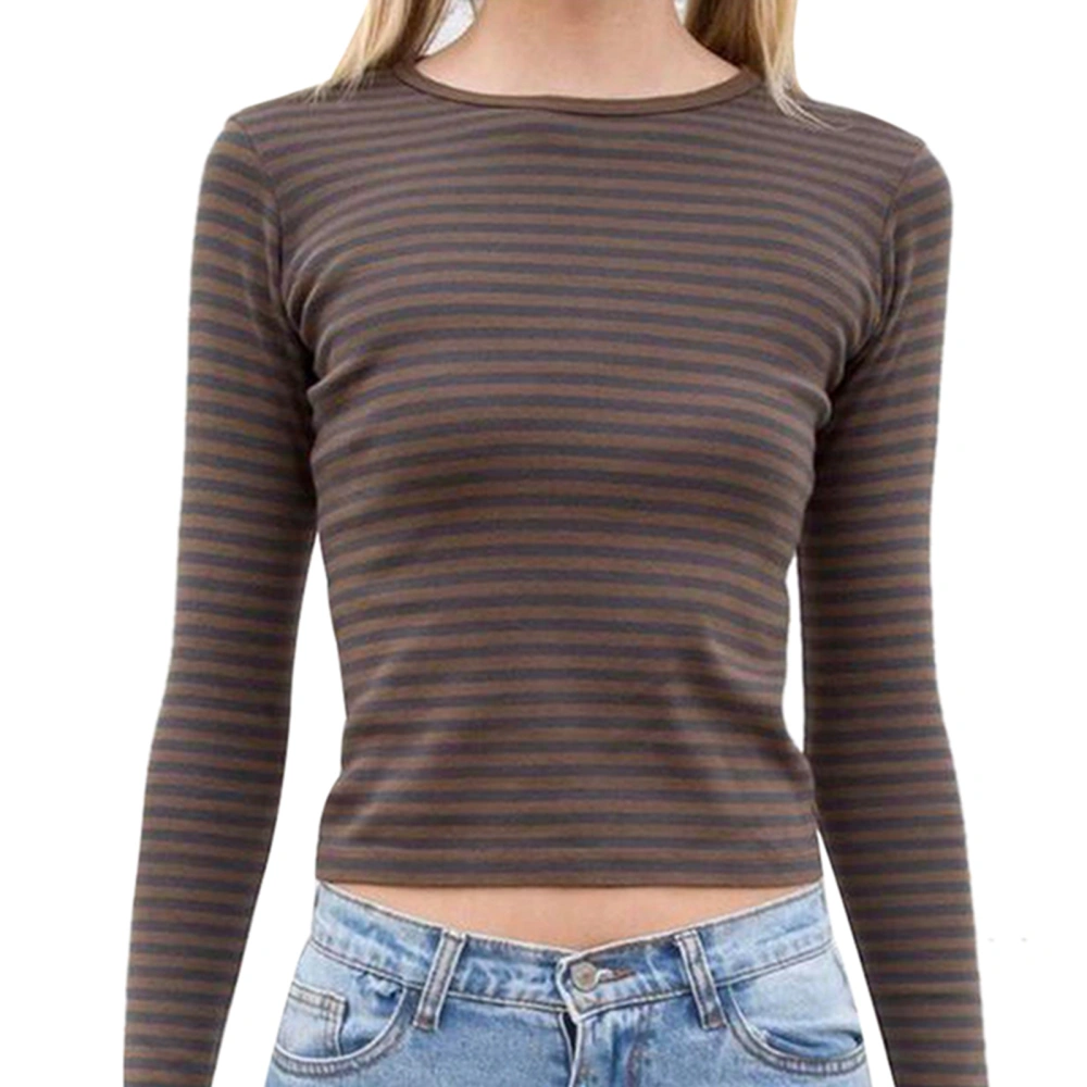 Women Bodycon T-shirt, Stripe Print Round Collar Long Sleeve Crop Tops