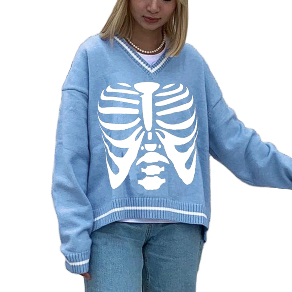 Knit Sweater, Color Block Skeleton Print Long Sleeve V-neck Pullover