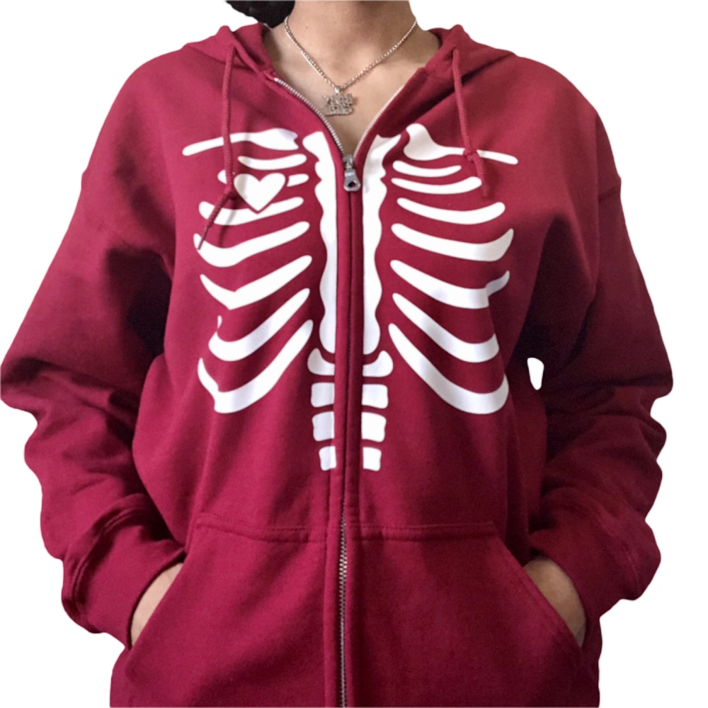 Women's Skeleton Print Hoodies, Long Sleeve Zip Up Loose Sweatshirts