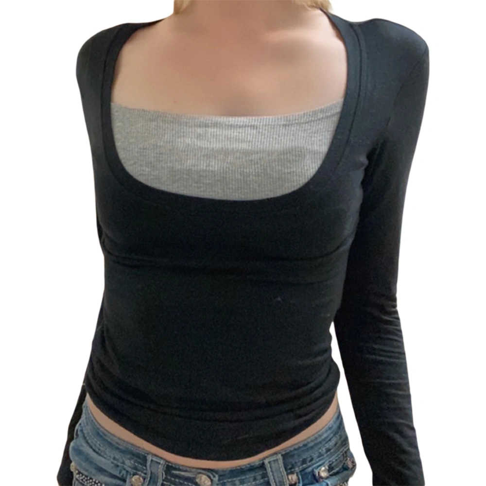 Women Patchwork Tops, Long Sleeve Ribbed Low Cut Square Neck Tops 