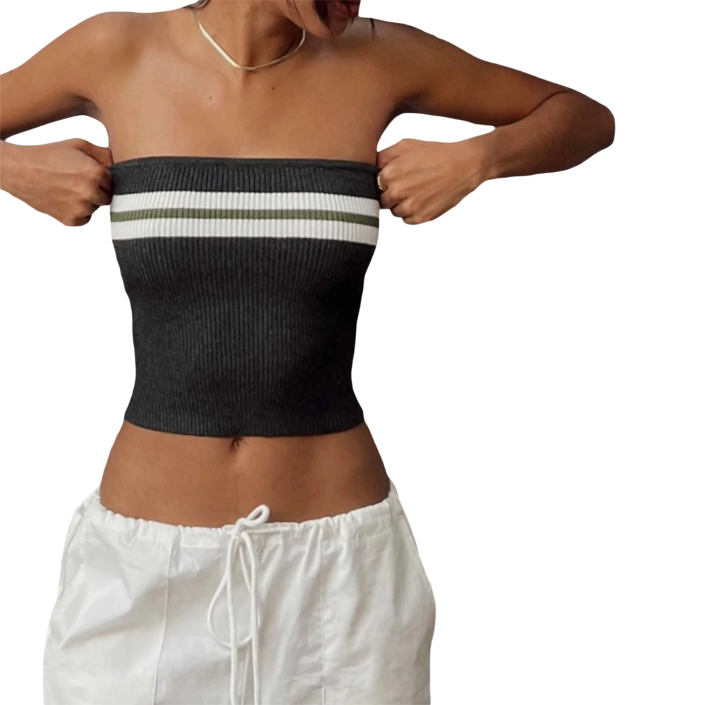 Women Wrap Chest Tube Tops Contrast Color Knitted Boat Neck Tank Tops