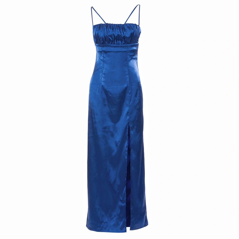 Women Party Dress, Plain Halter Pleated Tie-Up Splits Long Dress