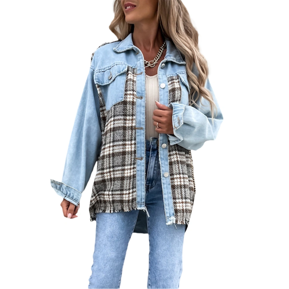 Women's AutumnLong Sleeve Lapel Plaid Patchwork Denim Jacket