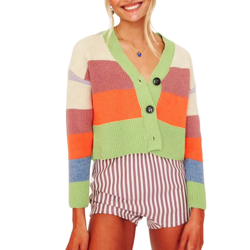 Women’s Contrast Color Long Sleeve Short Style Knitted Cardigan