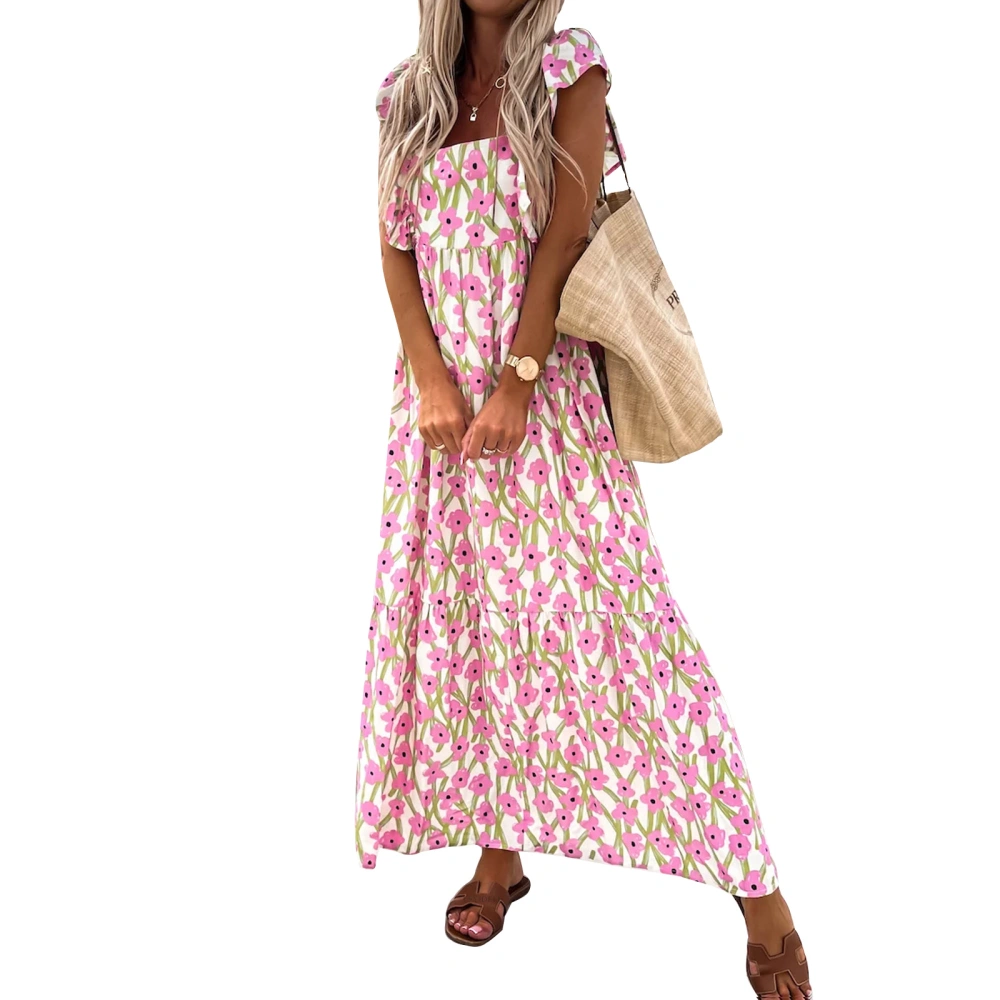 Women's Summer Ruffle Sleeve Low Cut Long Boho Beachwear Dress