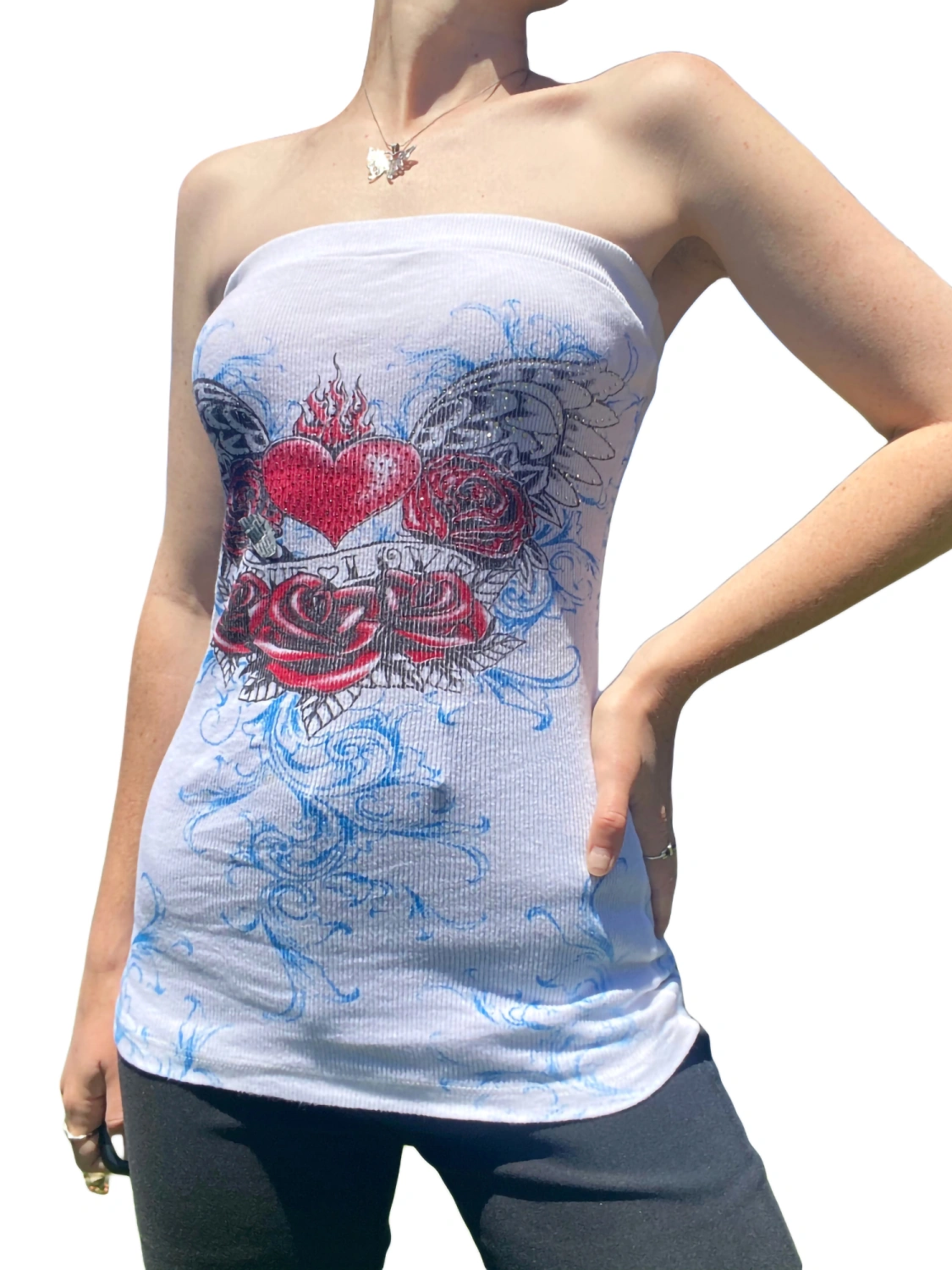 Women's Long Tube Tops, Strapless Rose Heart Print Bandeau Tops