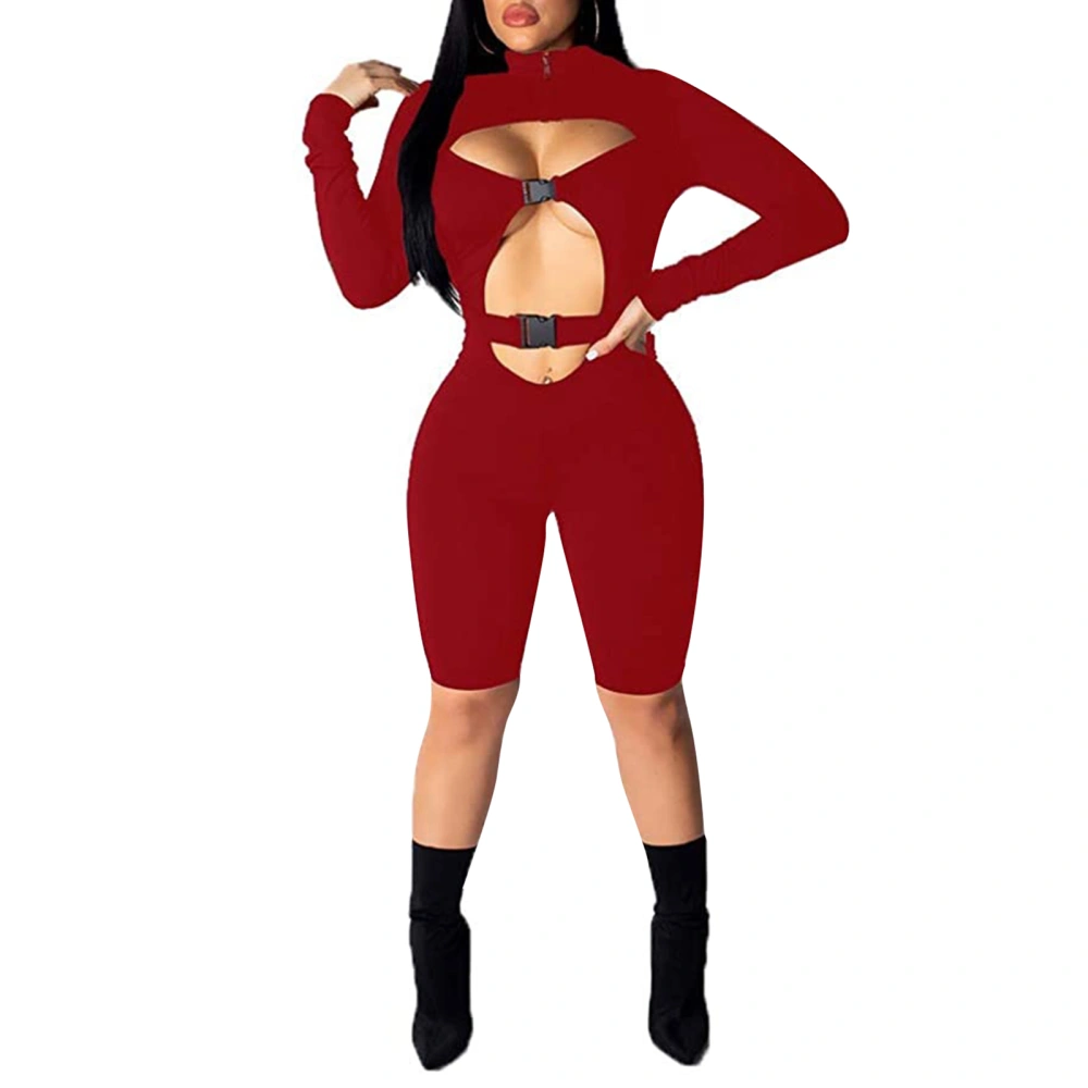 Women Sexy Overalls, Solid Color Turtleneck Long Sleeve Playsuit