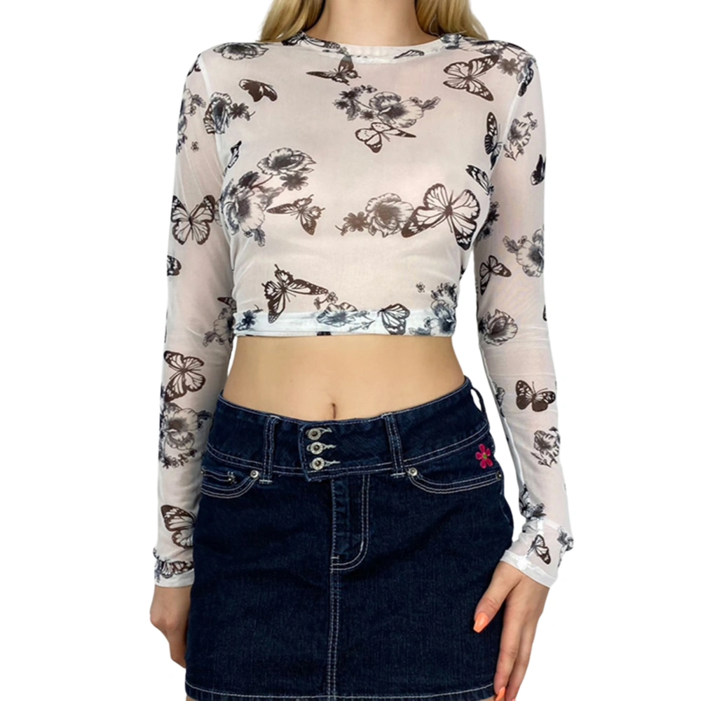 Women Sheer Mesh Tops, Long Sleeve Butterfly Floral Print T-Shirts