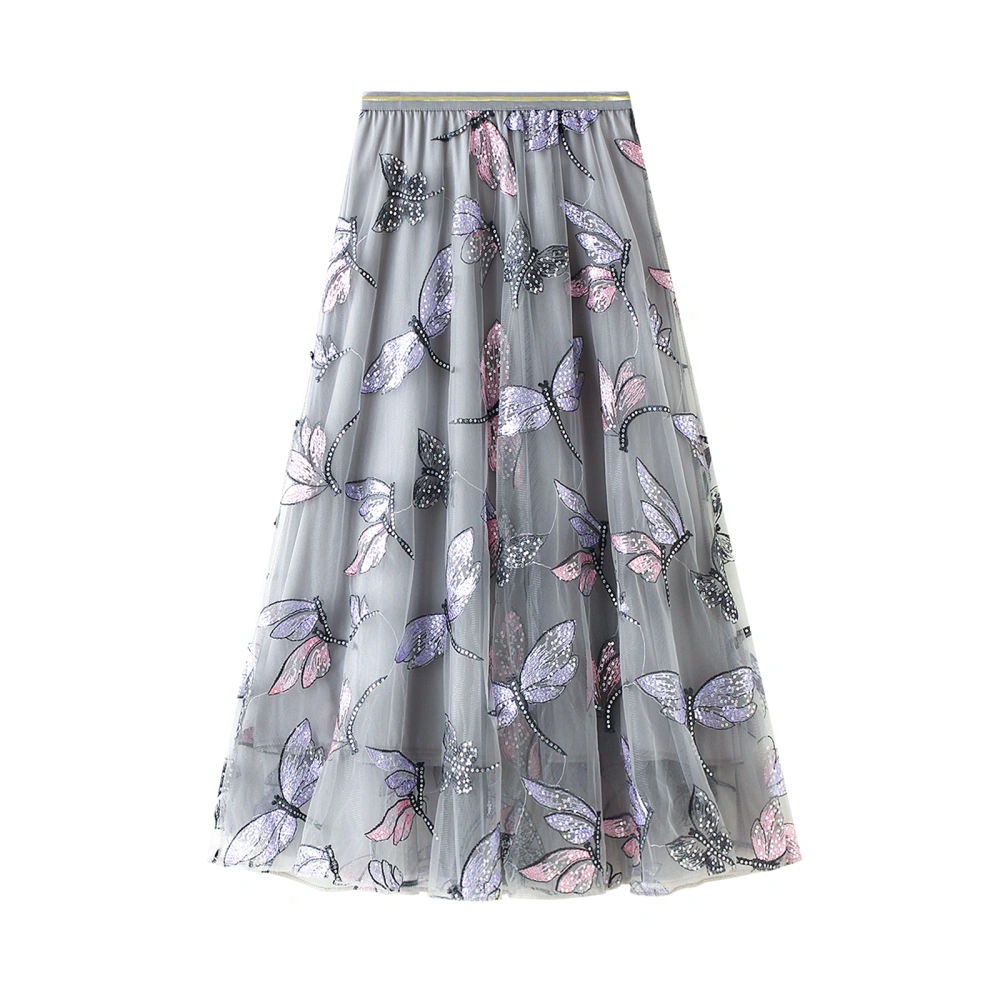 Women A-Line Tulle Skirt, High Waist Dragonfly Embroidery Midi Skirt