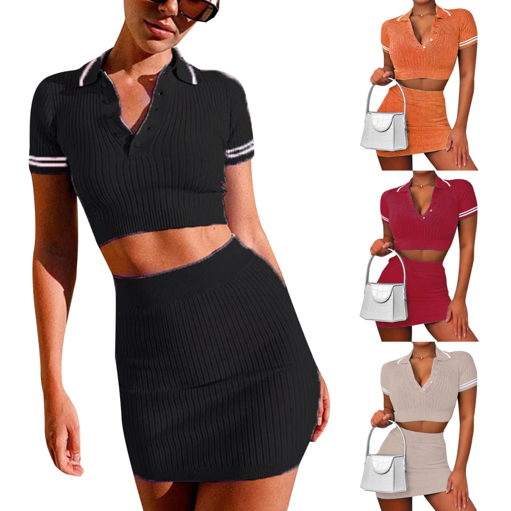 Women Summer Outfit, Shirt Collar Crop Tops + Knitted Dress Suit