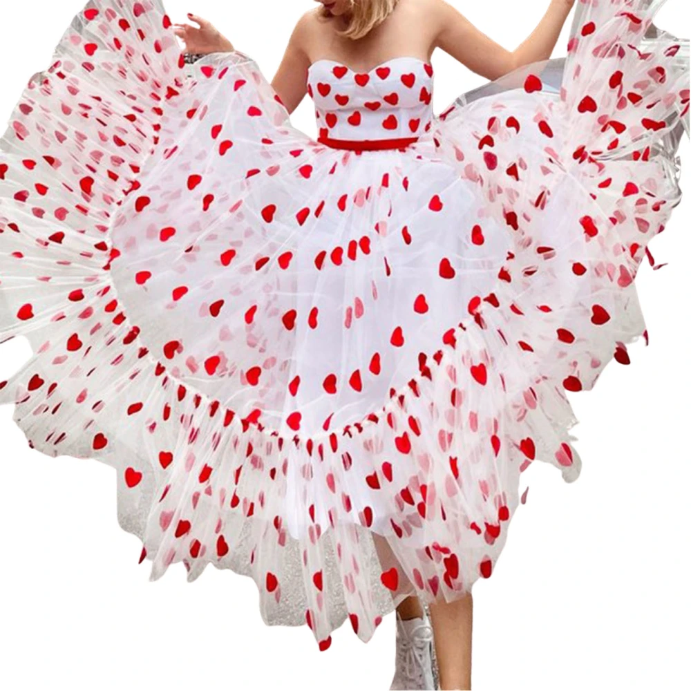 Women's Sleeveless Backless Off Shoulder Heart Print Tulle Dress