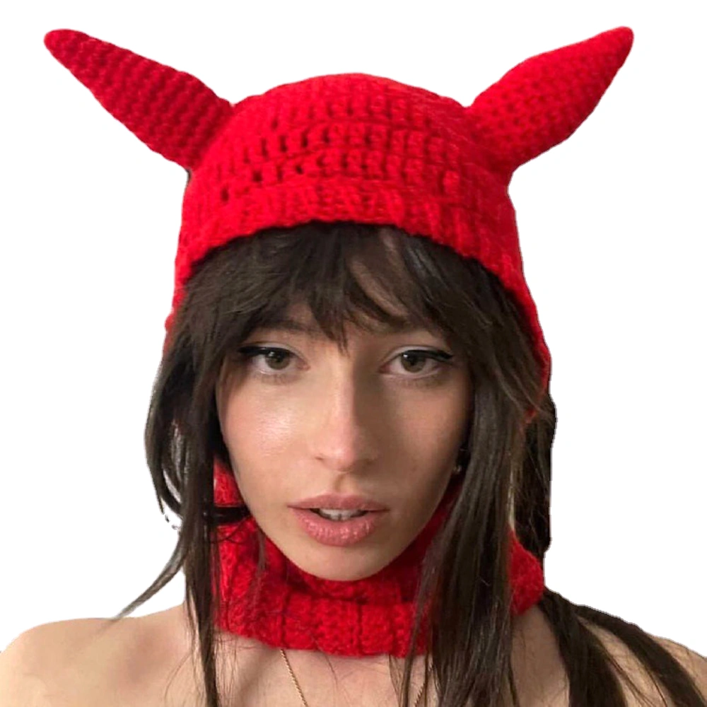 Women Halloween Hat Horn Shape Knitting Hat with Neckerchief