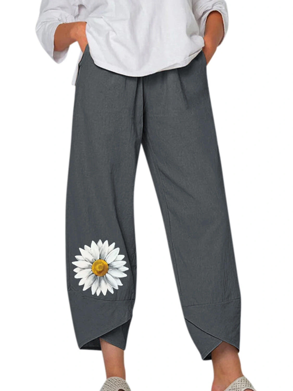 Women Summer Lounge Pants, Daisy Print Elastic Waist Loose Harem Pants