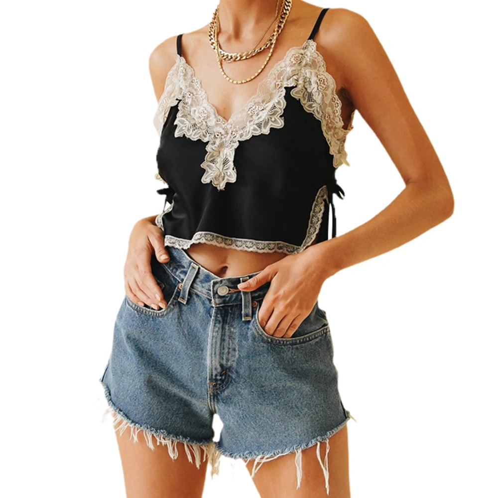 Women's Sleeveless V Neck Lace Patchwork Side Tie Up Loose Camisole