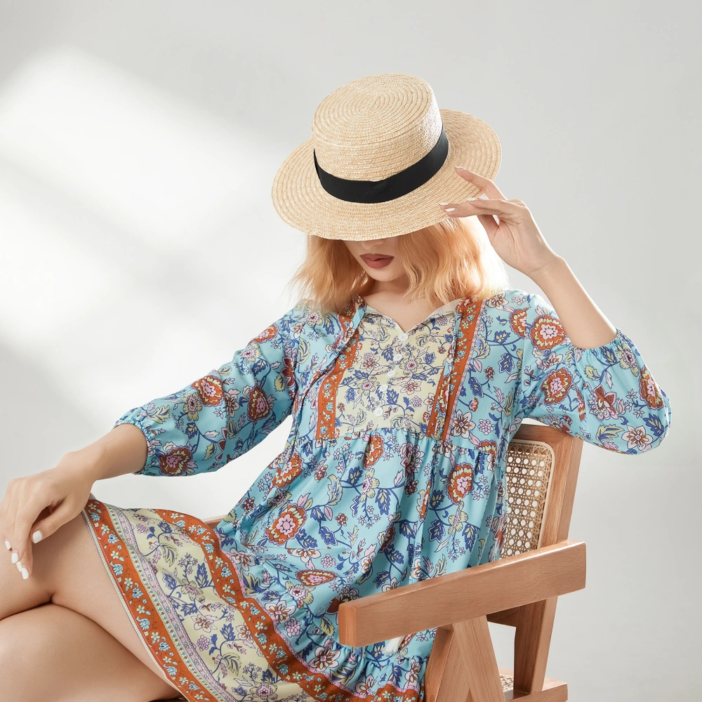 Women Summer Casual Mini Dress Floral Print 3/4 Lantern Sleeve Dress