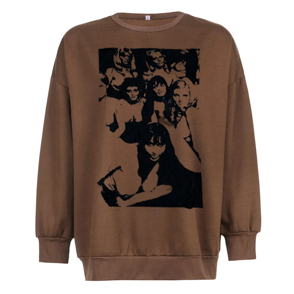 Female Pullover, Adults Portrait Print Round Neck Long Sleeve Tops