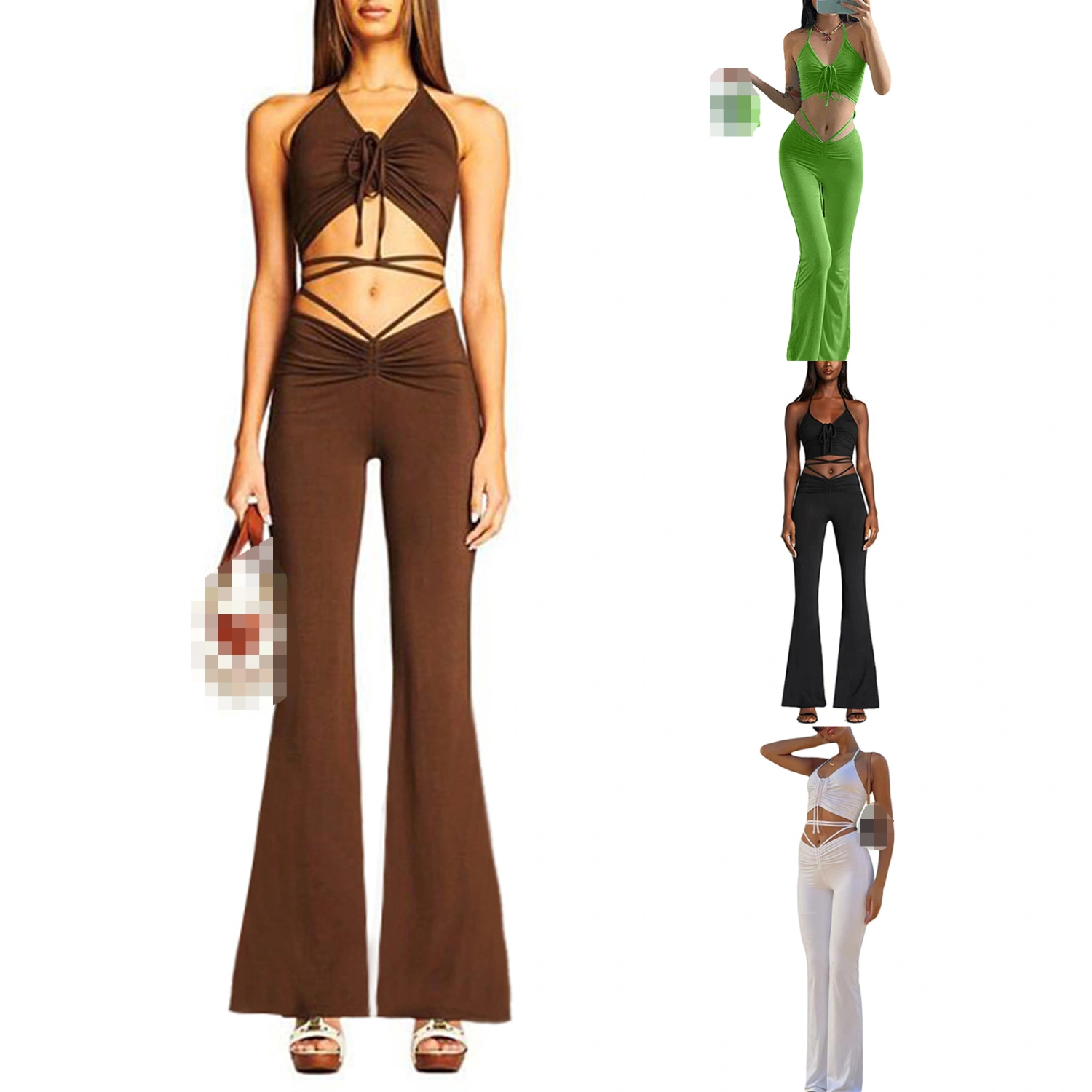Women Outfits, Solid Color Strappy Vest + High-Waist Flared Trousers
