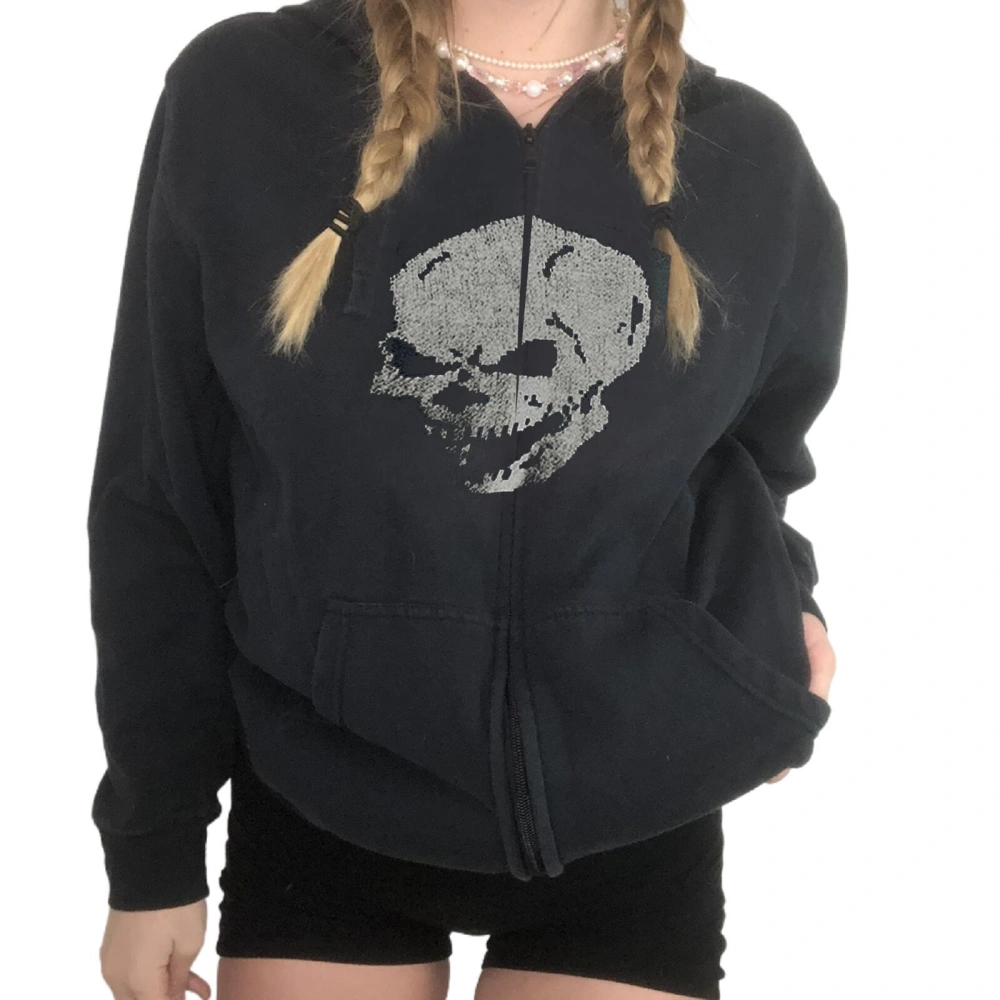 Women Hoodie, Skull/Skeleton Print Hooded Zipper-Open Sweatshirt