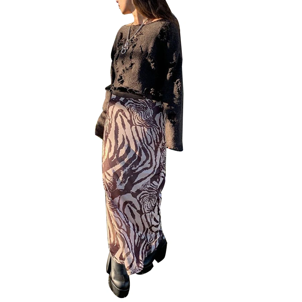 Women’s Vintage Printing Mesh Yarn High-waist Slim Fit Long Skirt