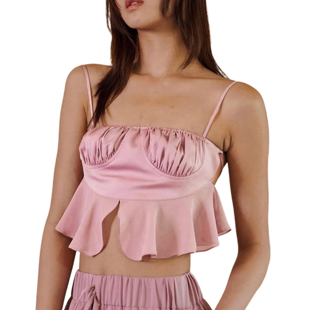 Women Spaghetti Strap Camisole, Solid Color Backless Peplum Tops