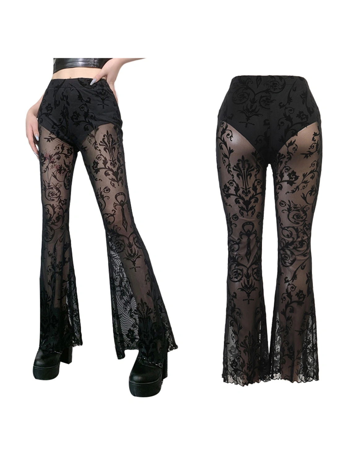 Female Flared Trousers, Floral Print High Waist See-Through Long Pants
