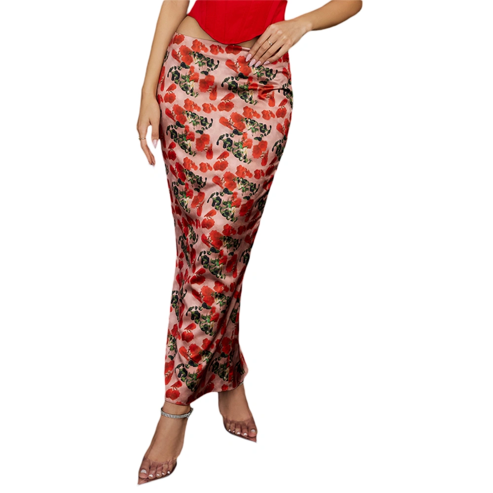 Women Casual Skirt, Mid Waist Floral Printed Slim Fit Long Skirt