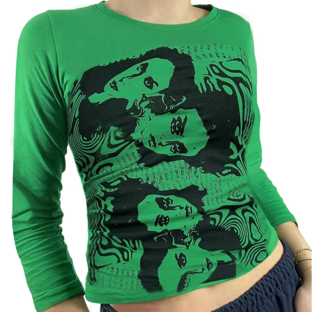 Women Portrait Print Tops, Long Sleeve Crew Neck Slim Fit T-Shirts