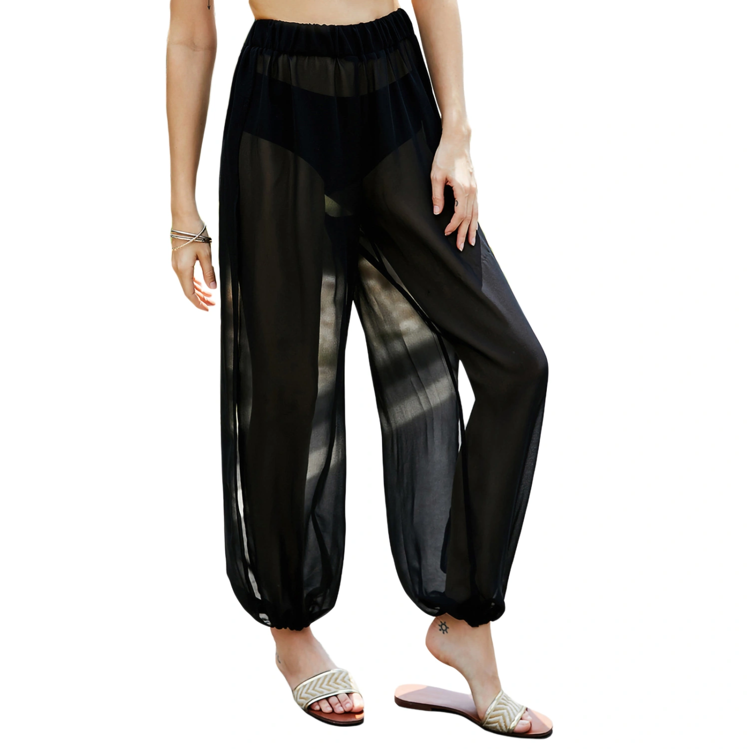 Ladies Summer Beach Long Trousers, Side Split Loose Ankle Banded Pants