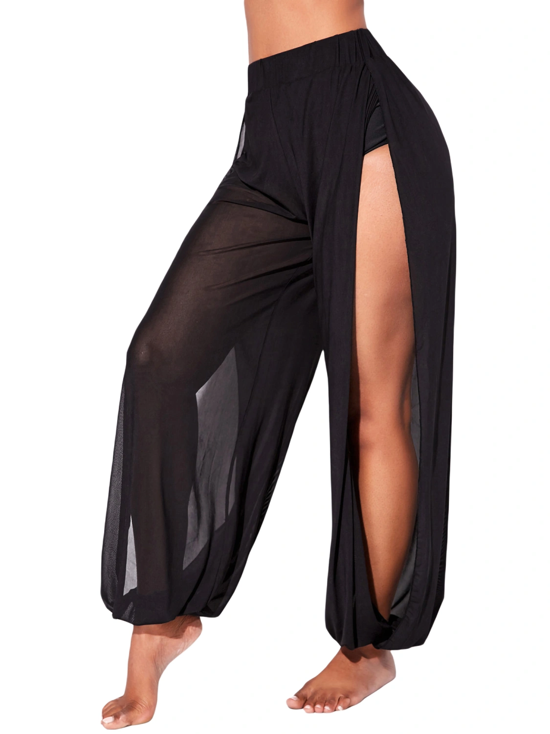 Ladies Summer Beach Long Trousers, Side Split Loose Ankle Banded Pants